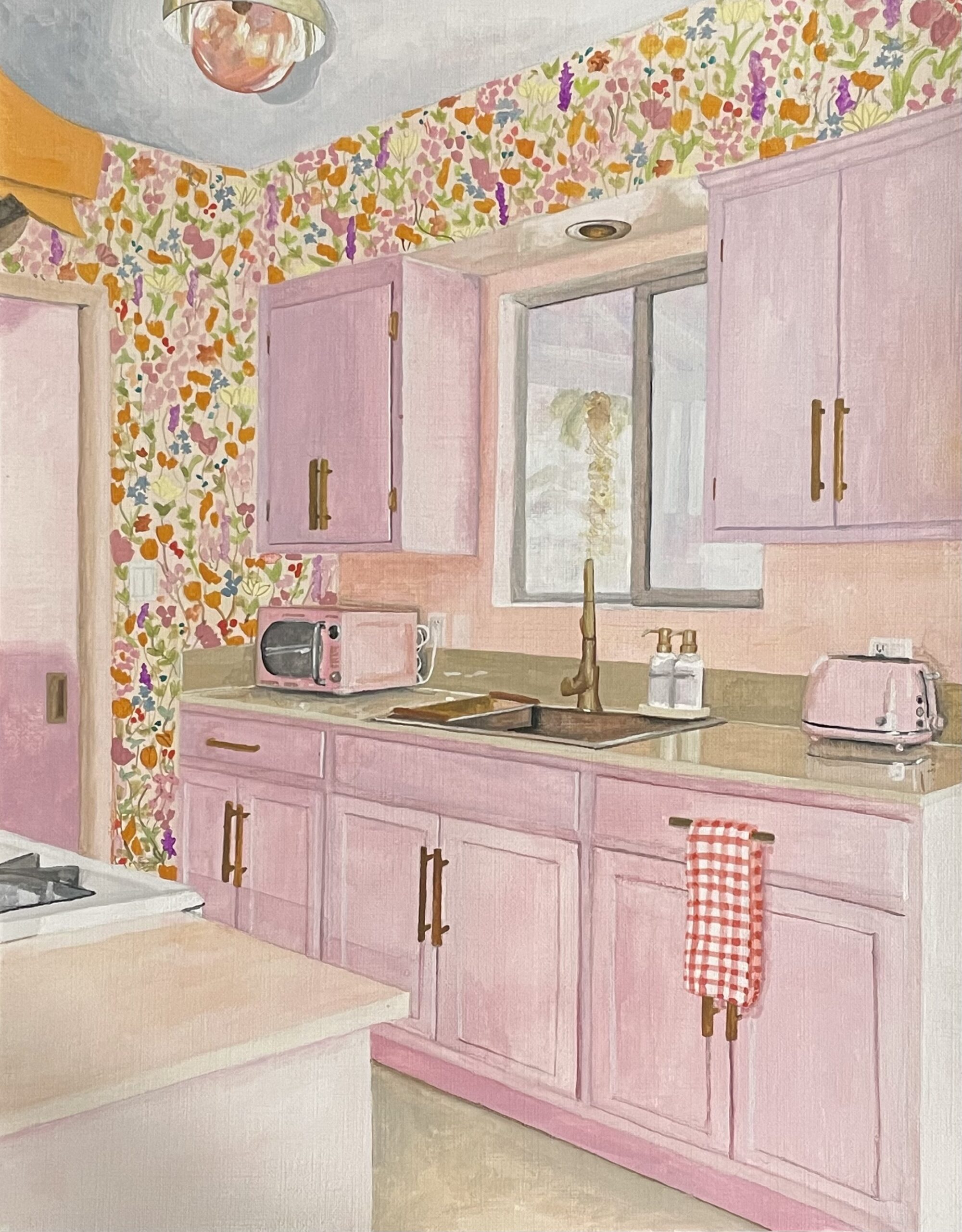 Watercolor painting of a pink kitchen