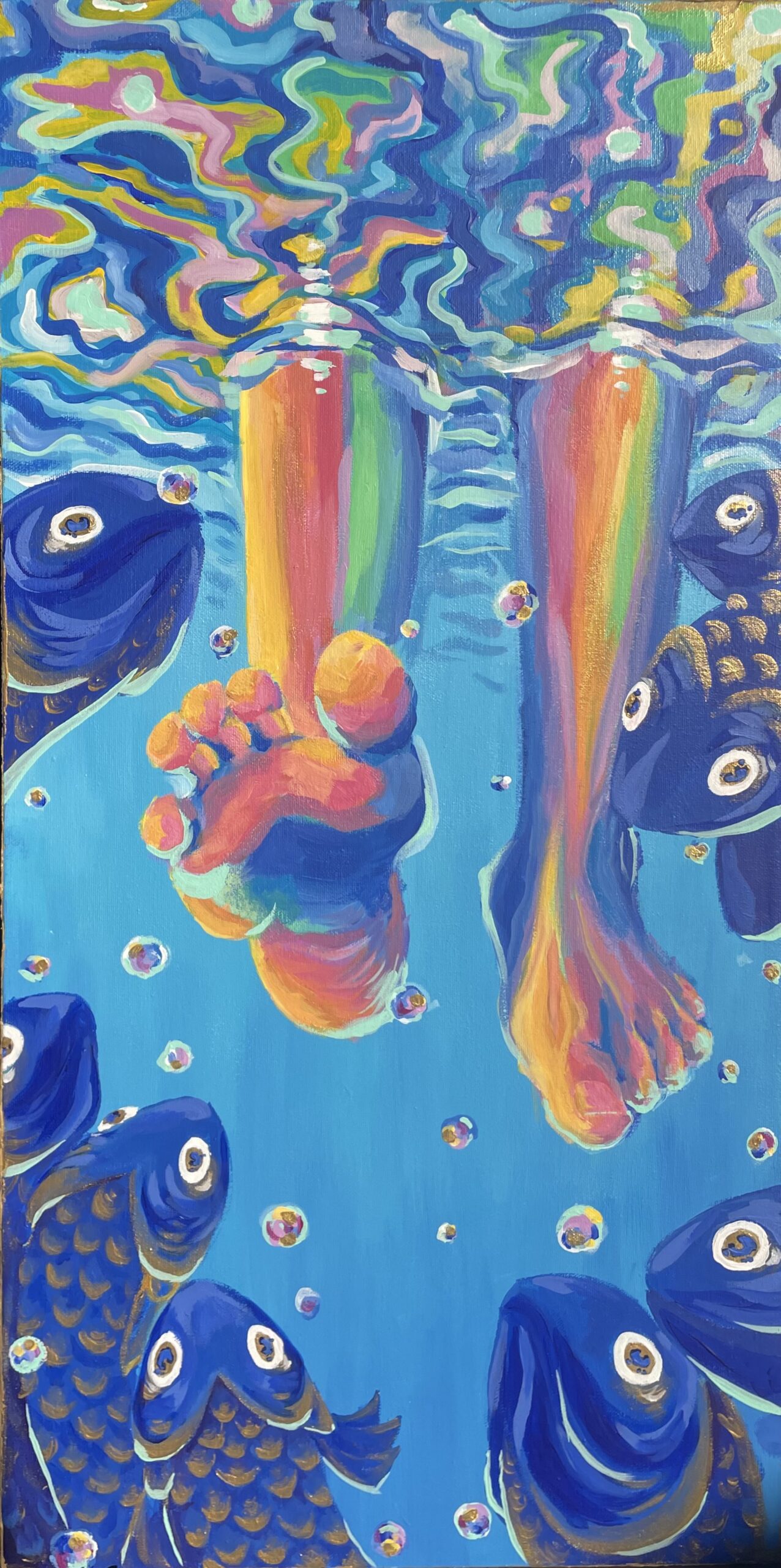 Brightly colored painting of feet in the water with fish. Lots of blues contrasted with oranges.