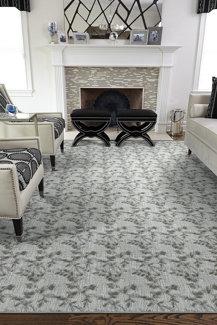 STANTON-ROSECORE Metropolis Thunder: “Hand-loomed platinum rug with Floral embroidery from Rosecore”